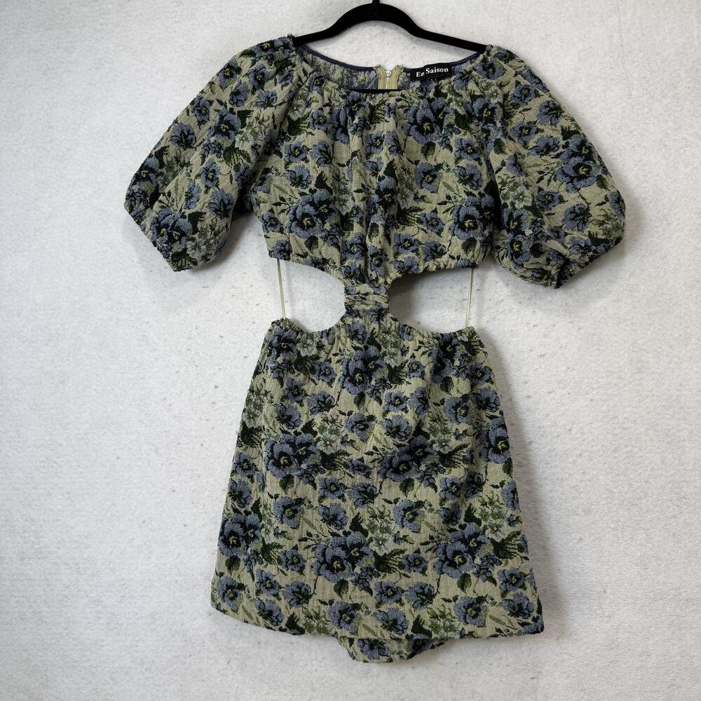 En Saison Dress Womens Large Blue Floral Puff Sleeve Cutout Mini Jacquard Party
